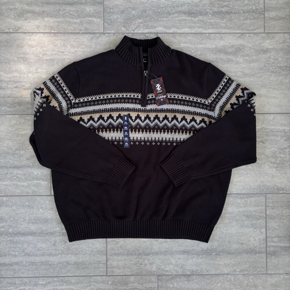 Izod Sweater Men‎ XXL  Black Fair Isle 1/4 Zip Preppy Cabin Ski